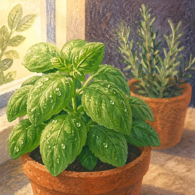 Fresh Basil and Rosemary on Windowsill