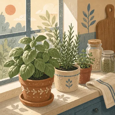 Sunlit Basil and Rosemary on Windowsill