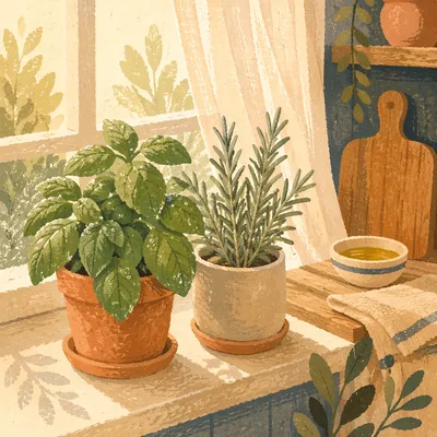 Sunlit Basil and Rosemary on Windowsill
