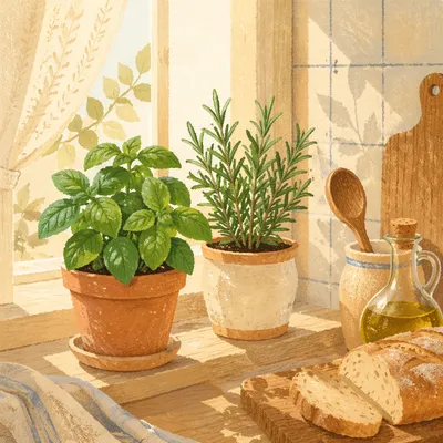 Sunlit Basil and Rosemary Kitchen Windowsill