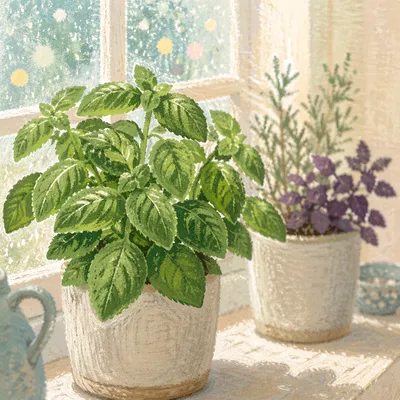 Fresh Basil and Rosemary on Windowsill