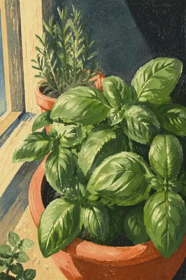 Sunlit Basil and Rosemary on Windowsill