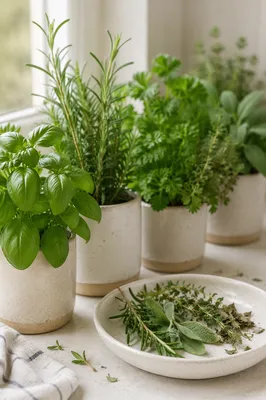Fresh Kitchen Herbs on Morning Windowsill