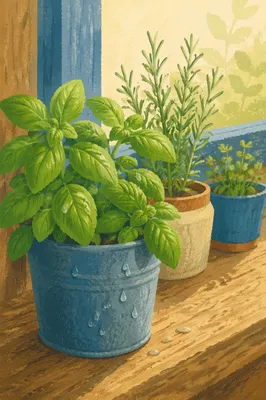 Sunlit Basil and Rosemary Kitchen Herbs