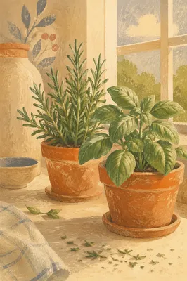 Sunlit Basil and Rosemary on Kitchen Windowsill