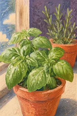 Fresh Basil and Rosemary on Windowsill