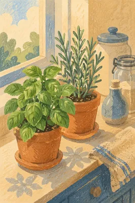 Sunlit Kitchen Herbs on Windowsill