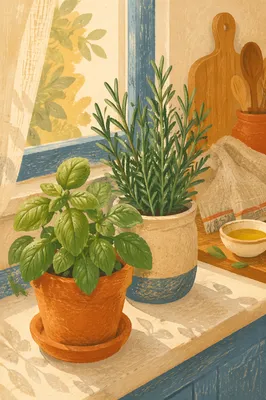 Sunlit Basil and Rosemary on Windowsill