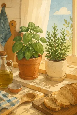 Sunlit Basil and Rosemary Kitchen Windowsill