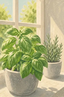 Fresh Basil and Rosemary on Windowsill