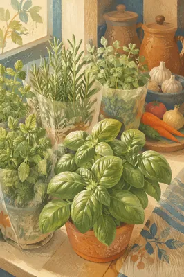 Sunlit Basil and Rosemary Windowsill Garden