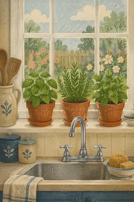Fresh Kitchen Herbs on Terracotta Windowsill