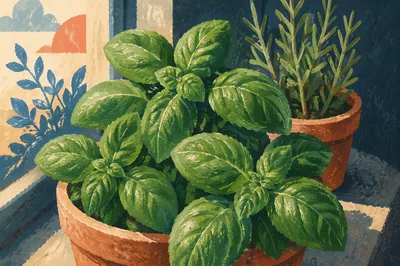 Sunlit Basil and Rosemary on Windowsill