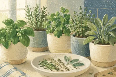 Fresh Kitchen Herbs on Bright Windowsill