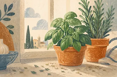 Sunlit Basil and Rosemary on Kitchen Windowsill