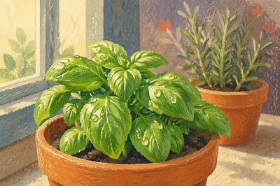Fresh Basil and Rosemary on Windowsill