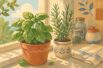 Sunlit Basil and Rosemary on Windowsill