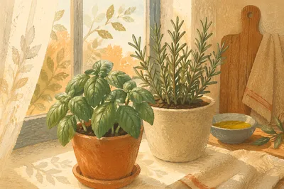 Sunlit Basil and Rosemary Windowsill Pots