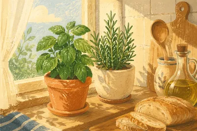 Sunlit Basil and Rosemary Kitchen Windowsill