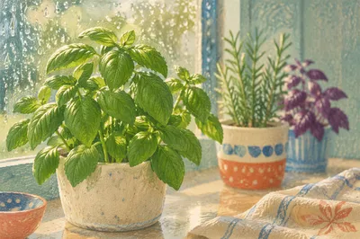 Fresh Basil and Rosemary on Windowsill