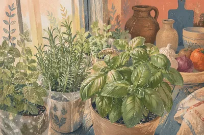 Sunlit Kitchen Herbs on Cozy Windowsill