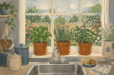 Fresh Kitchen Herbs on a Windowsill