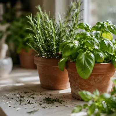 Sunlit Basil and Rosemary on Kitchen Windowsill