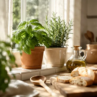 Sunlit Kitchen Herbs on Windowsill