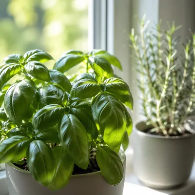 Fresh Basil and Rosemary on Windowsill