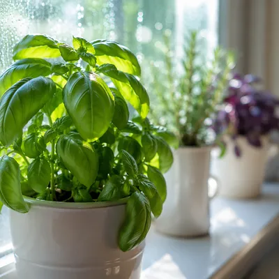 Fresh Basil and Rosemary on Windowsill