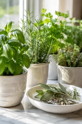 Fresh Kitchen Herbs on Bright Windowsill