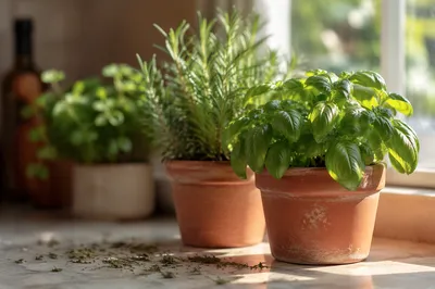 Sunlit Basil and Rosemary on Windowsill
