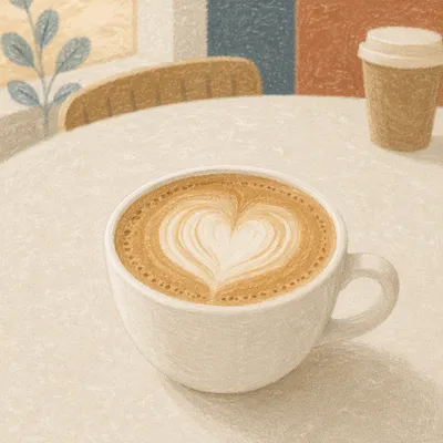 Heart Latte in White Cup on Café Table