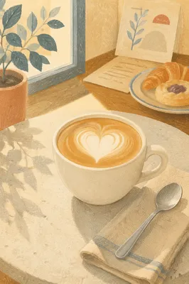 Heart Latte in Cozy Cafe Morning