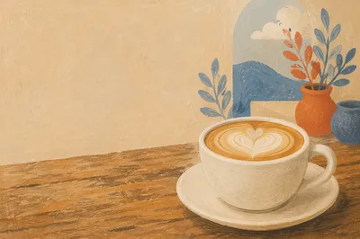 Heart Latte in White Cup on Rustic Table