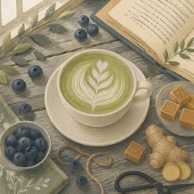 Cozy Matcha Latte Over Rustic Café Table