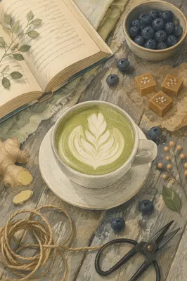 Cozy Overhead Matcha Latte with Rustic Details