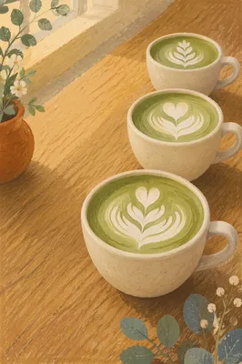 Overhead Matcha Lattes on Rustic Wooden Table