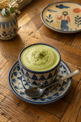 Overhead Matcha Latte on Rustic Wood