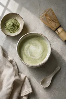 Overhead Matcha Latte in Handmade Ceramic Cup
