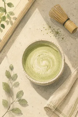 Overhead Matcha Latte in Handmade Ceramic Cup