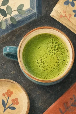 Overhead Matcha Latte in Handmade Ceramic Cup