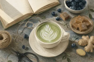 Cozy Matcha Latte Overhead Café Still Life