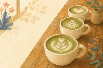 Overhead Matcha Lattes on Rustic Table