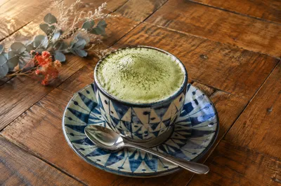 Overhead Matcha Latte on Rustic Wood