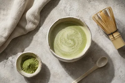 Overhead Matcha Latte in Handmade Ceramic Cup