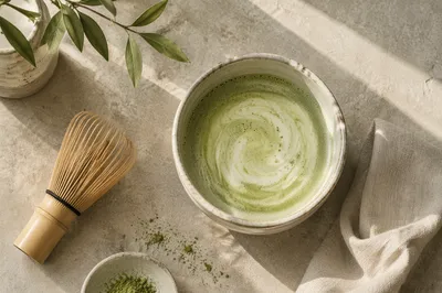 Overhead Matcha Latte in Handmade Ceramic Cup