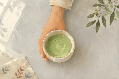 Overhead Matcha Latte in Handmade Ceramic Cup