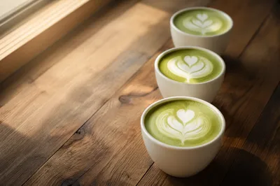 Overhead Matcha Lattes on Rustic Wooden Table