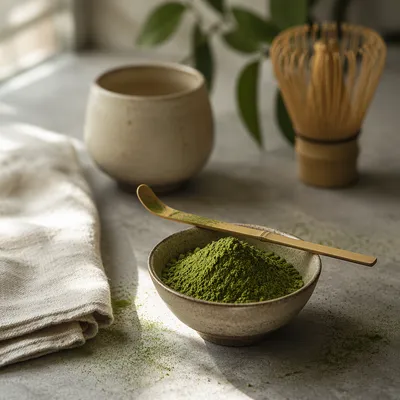 Matcha Powder in Ceramic Bowl Close-Up
